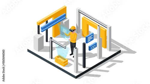 Isometric construction worker with virtual reality in modern industrial setting