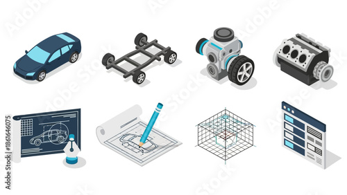 Isometric car and engine parts with design blueprints in 3d style