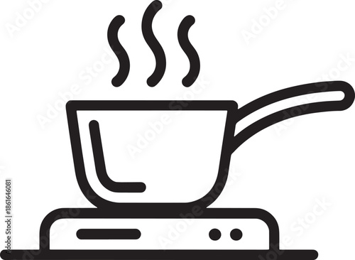 Hot cooking pot on electric stove line art vector icon illustration with rising steam