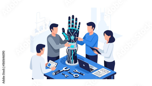 Futuristic collaboration on robotic arm project in modern tech lab