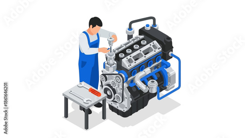 Mechanic assembling car engine in workshop with tools and machinery