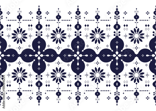 Tablou pe pânză Floral, ethnic fabric seamless pattern, blue and white color, design for cloth, carpet, batik, wallpaper, wrapping etc