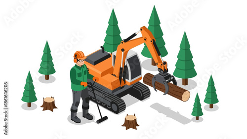 Isometric logging scene with heavy machinery and worker in forest setting