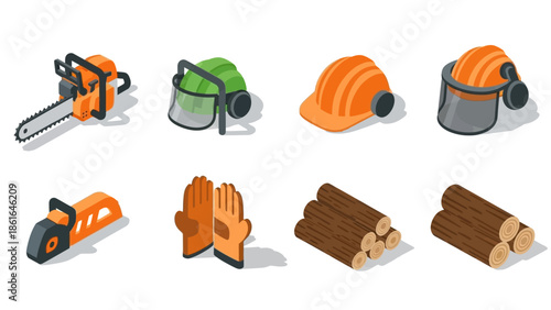 Isometric forest equipment and safety gear icons for logging