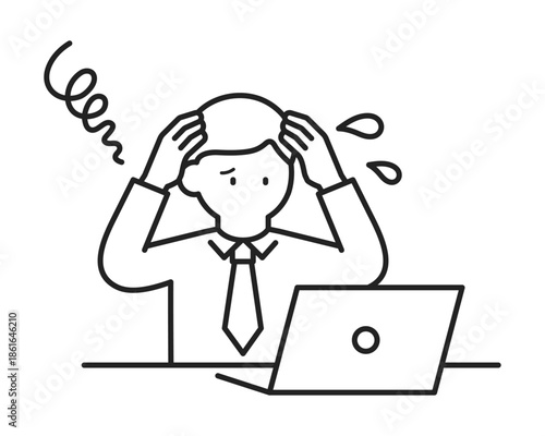 パソコンの操作中にパニック・困惑しているビジネスマン（線幅変更可能）　