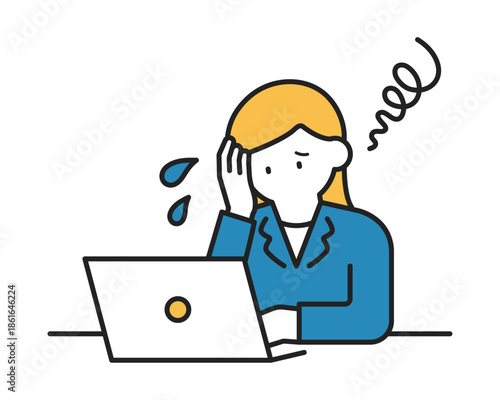 パソコンの操作中にパニック・困惑しているビジネスウーマン（線幅変更可能・カラー）	
