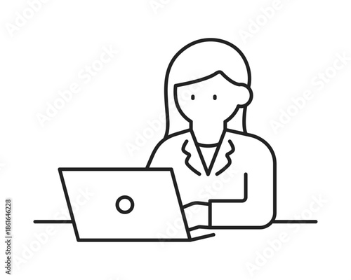 ノートパソコンを操作するビジネスウーマンのイラスト（線幅変更可能）