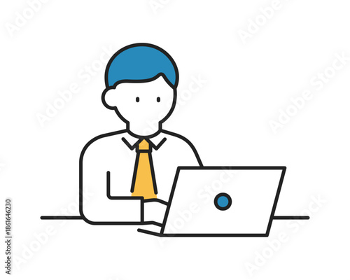 ノートパソコンで仕事をするビジネスマン（線幅変更可能・カラー）　