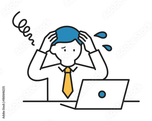 パソコンの操作中にパニック・困惑しているビジネスマン（線幅変更可能・カラー）　