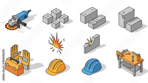 Isometric construction tools and safety gear with concrete blocks and workbench