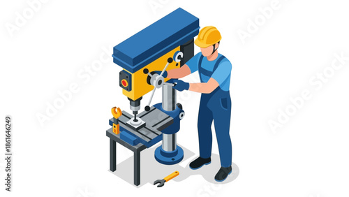Engineer operating drill press machine in workshop isometric design
