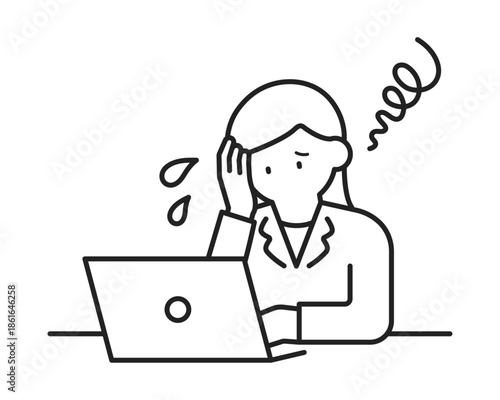 パソコンの操作中にパニック・困惑しているビジネスウーマン（線幅変更可能）	
