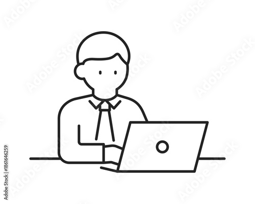 ノートパソコンで仕事をするビジネスマン（線幅変更可能）　