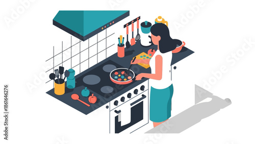 Woman cooking in a modern kitchen with isometric style