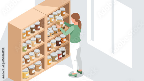 Woman organizing pantry shelves with jars in modern kitchen interior