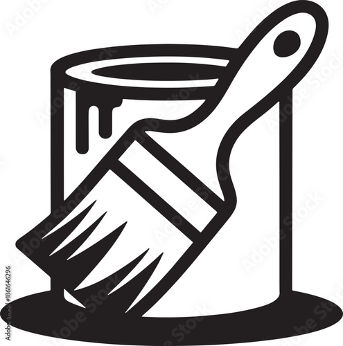 Paint can with a brush and dripping paint, home renovation and art supplies black vector illustration