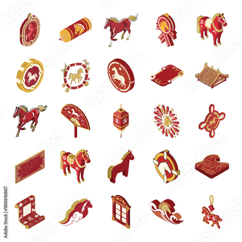 Collection of horse icons in various poses and designs on a white background