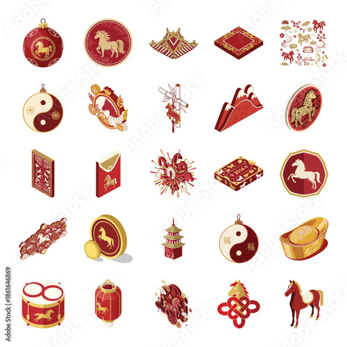 Vibrant Chinese New Year celebration with horse motif icons