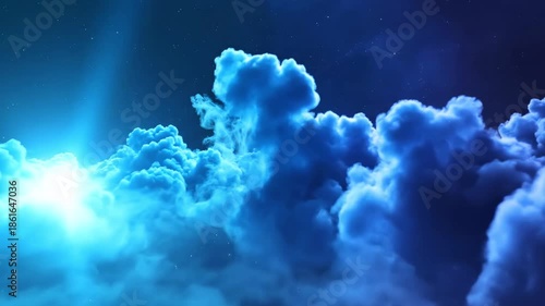 Night sky with vivid blue clouds, soft glowing beams, and scattered stars above, glows at horizon.!!