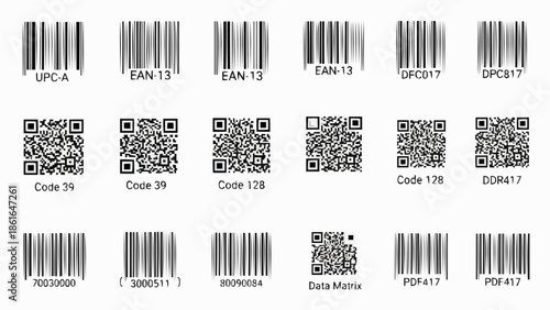Collection of various barcode types and QR codes for identification.