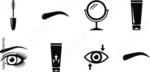 Eye makeup icons, beauty tools, cosmetic elements, mascara, eyebrows, mirror, cream tube, stylized eyes, skincare, eyeliner, grooming, vector illustration set