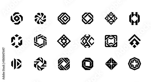 Minimalist geometric monogram emblems set in black vector featuring hexagon, diamond and circular shapes