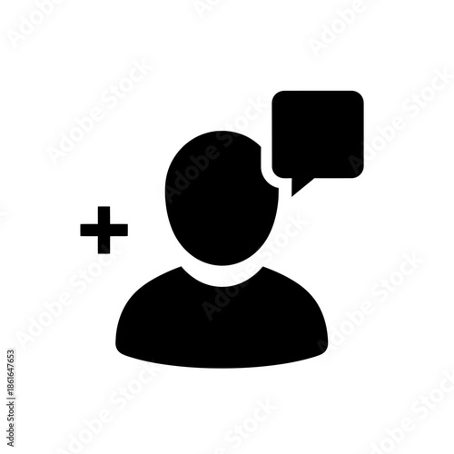 Solid Profile Chat Silhouette with User, Chat Bubble and Plus Mark (UI and customer support) vector. Client Contact and Support User Interface Icon