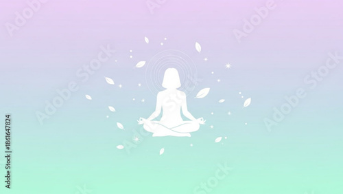 Serene woman meditating in lotus position with leaves and stars on gradient background