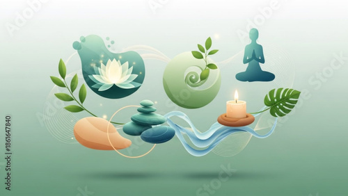 Serene meditation concept with lotus flower, candle, and stones floating in air