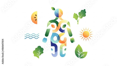 Vibrant human figure made of colorful shapes surrounded by green leaves, sun, water waves