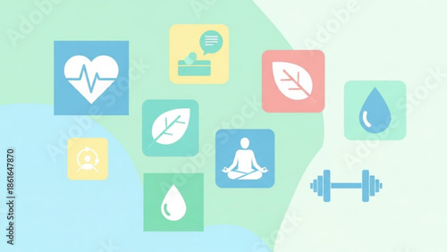 Wellness and fitness icons including heart rate, meditation, leaf, water drop, dumbbell