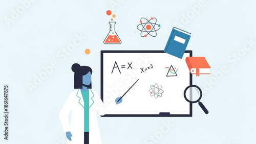 Female scientist explaining math and science on whiteboard with equations and formulas