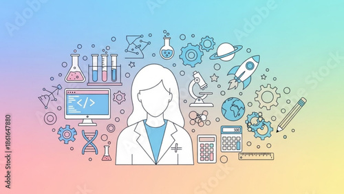 Female scientist surrounded by science and technology icons and symbols on colorful background