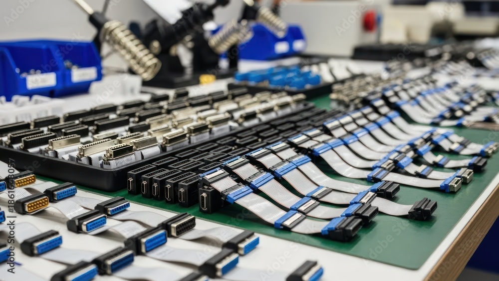 Fototapeta premium Close-up view of various electronic components and wires on a green circuit board in a