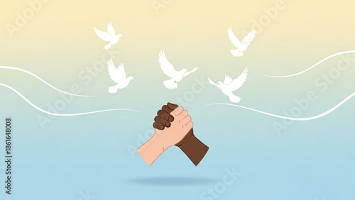 Diverse hands clenched together in solidarity with white doves flying around them