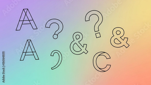Alphabet letters and punctuation marks on colorful gradient background, typography elements