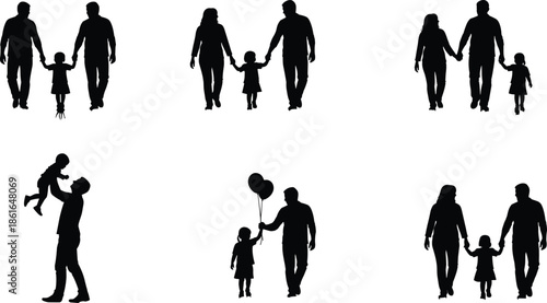 Family Silhouette Vector Collection, Black Set of Parents and Children Walking Together, Holding Hands, and Playing, Representing Childhood, Parenthood, Love, and Care Design