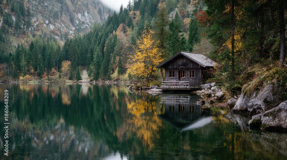Fototapeta premium Wooden Cabin by Tranquil Lake with Autumn Forest Reflections