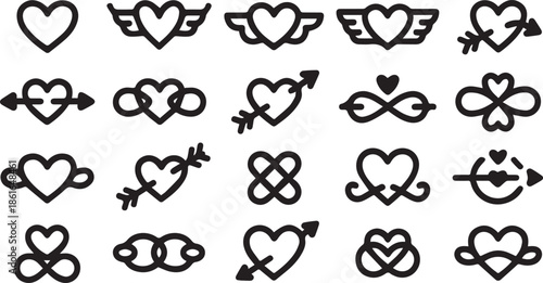 Minimalist Black Line Heart Icons Set for Valentine’s Day and Romantic Designs