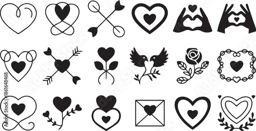 Hand-Drawn Style Romantic Line Art Icons for Valentine’s Day and Love Greeting Cards