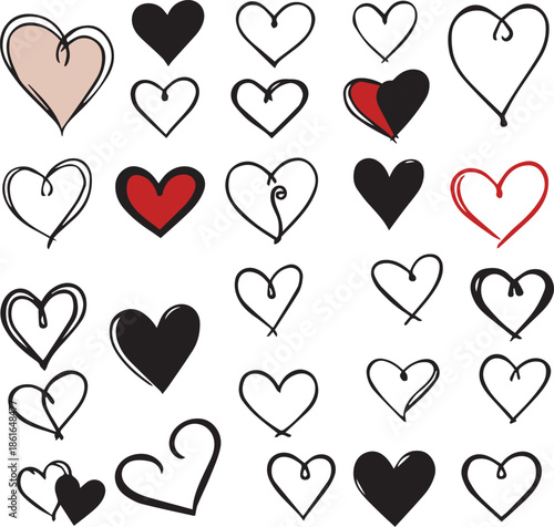 Hand-Drawn Minimalist Heart Doodles Collection with Red and Black Accents