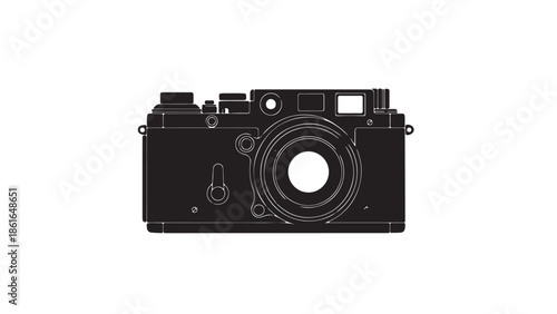 A black and white silhouette of a vintage camera on a plain background silhouette