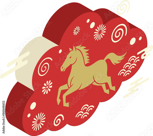 Golden Horse Running on Red Background with Floral Motifs and Swirling Patterns
