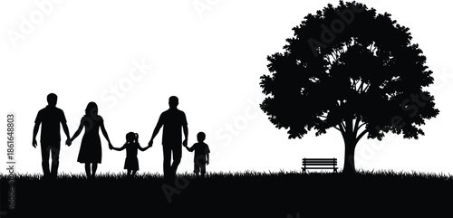 Family walking silhouette, park scene vector, tree and bench illustration, black and white style, outdoor togetherness, nature bonding, peaceful moment