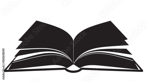 A silhouette of an open book against a plain background