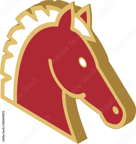 A majestic horse head illustration in red and gold, symbolizing strength and elegance in a simple, iconic design