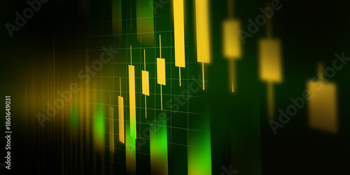 Digital Candlestick Chart with Green and Yellow Glow, Financial Data Concept.