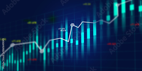 Digital Graph with Rising Line Chart and Bar Data on Blue Background, Financial Growth Concept.