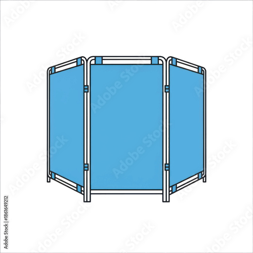 Blue modular fence panels form a portable barrier with metal frame.