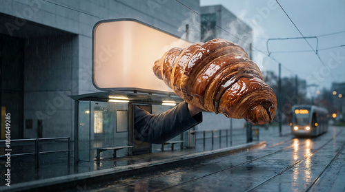 A hand reaches out from a billboard holding a croissant on a rainy street. A tram moves in the background, and buildings surround the scene during evening hours.